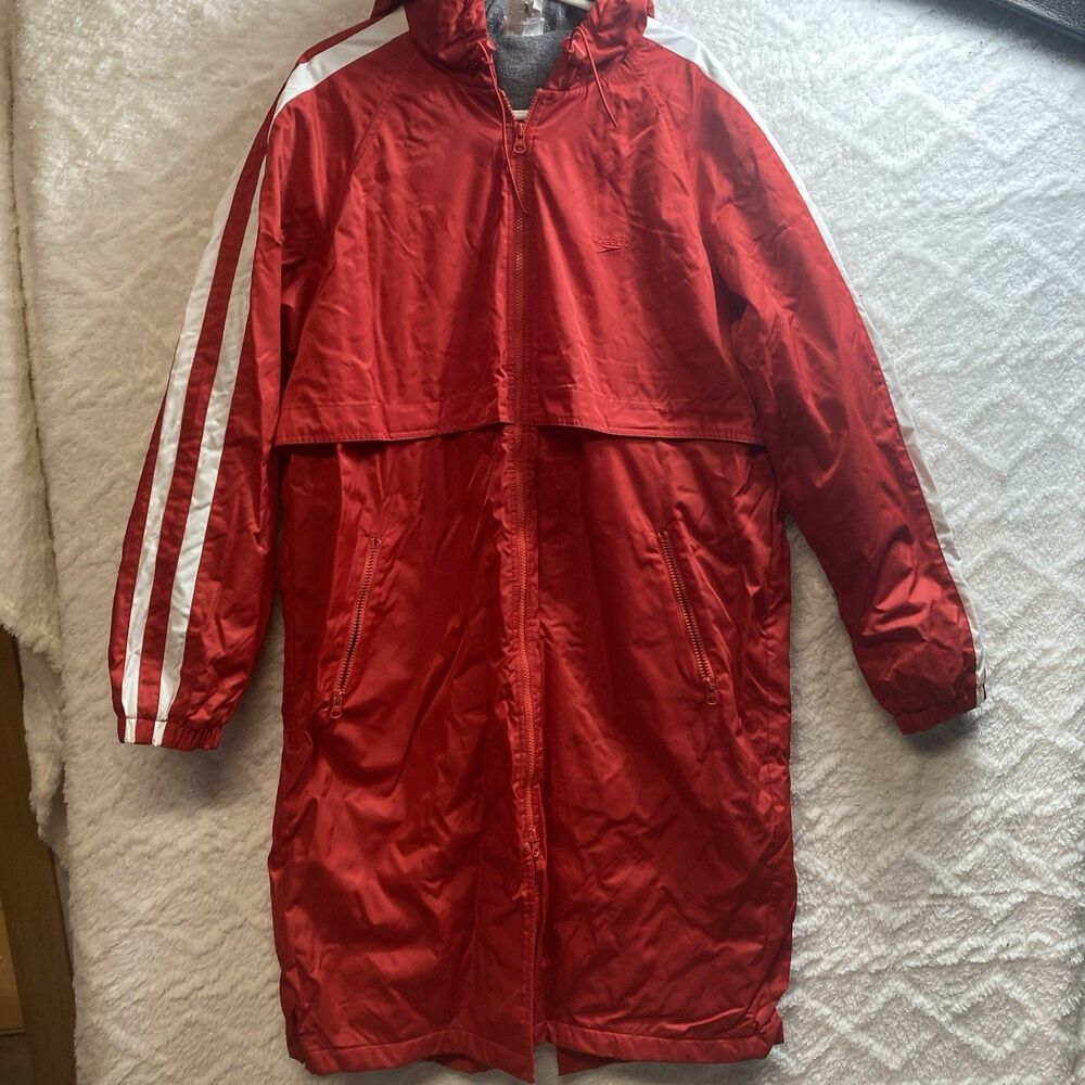 Speedo Team Parka Unisex Long Hooded Swim Coat Red Stripes M